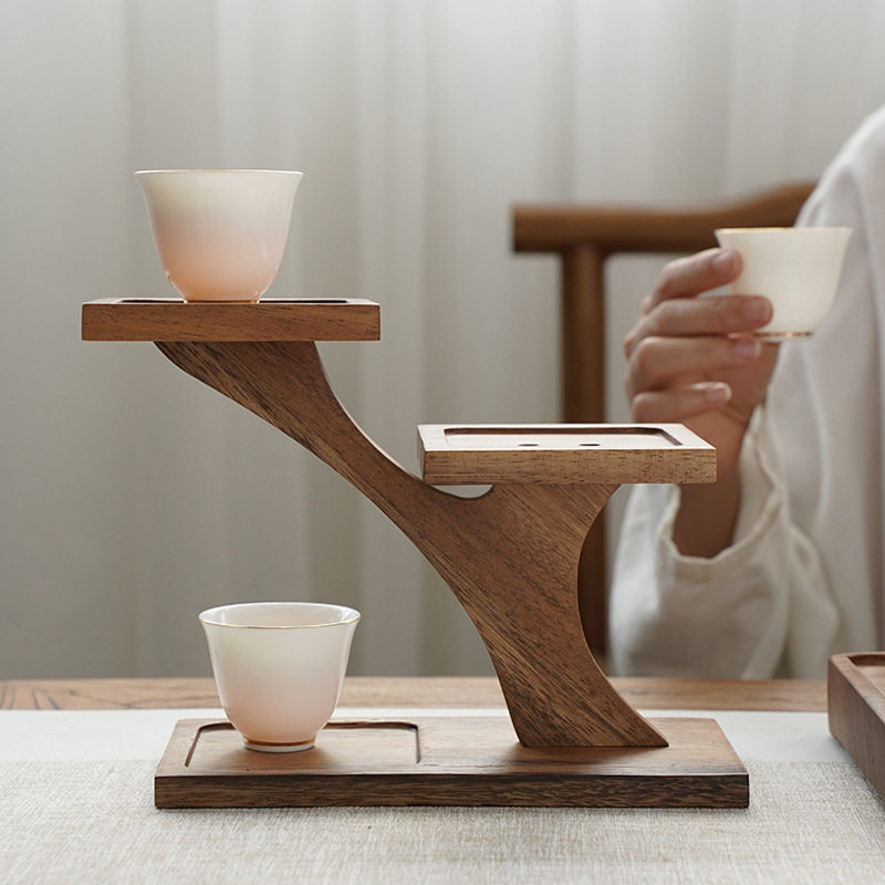 胡桃木质桌面茶具收纳架茶杯茶壶放置架茶道配件架杯架层架摆饰