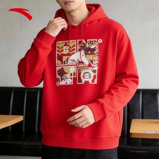 安踏红色卫衣男款2026新年款连帽加绒本命年宽松学生套头运动外套