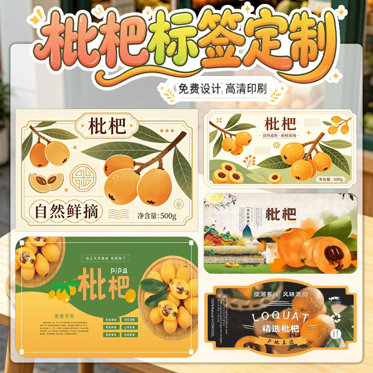 枇杷白玉枇杷礼盒不干胶定制商标鲜果贴纸水果包装盒果箱贴标设计图片