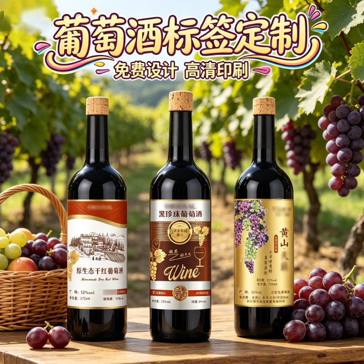 定制葡萄酒红酒不干胶贴纸杨梅酒青梅酒梅子酒标签黄酒商标设计