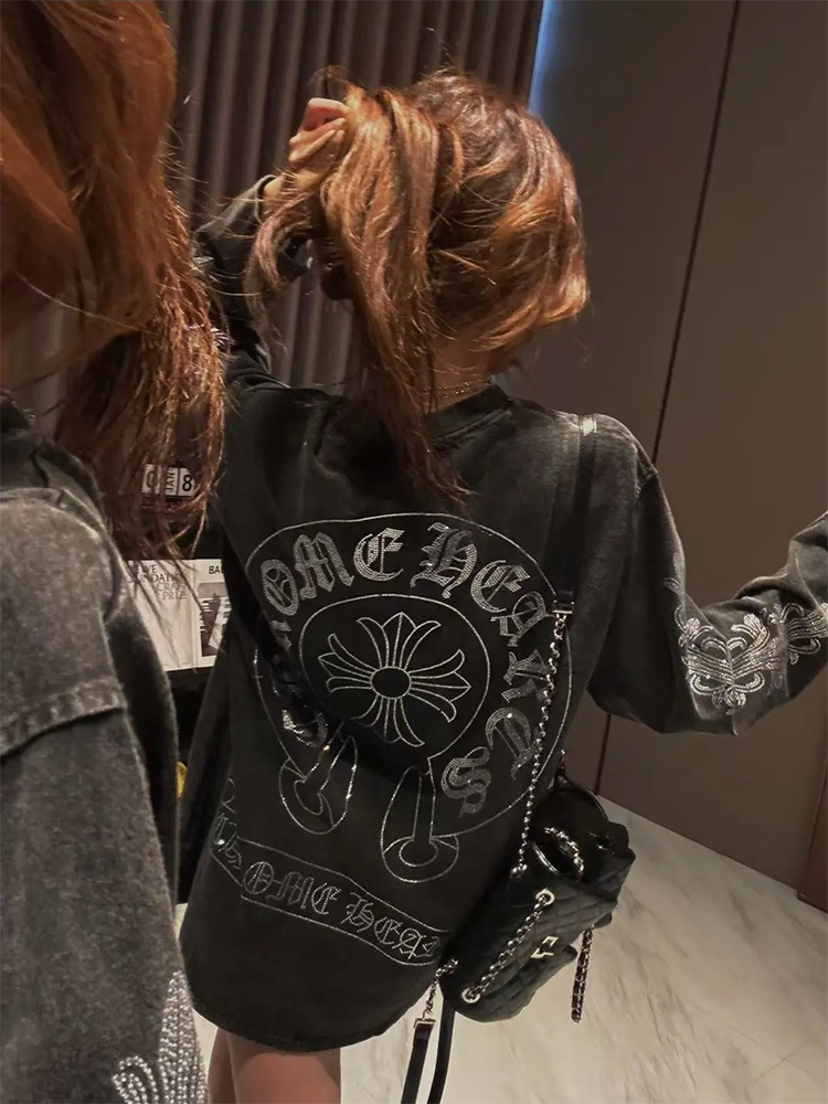 thumbnail for Fall 2025 new Sanskrit hot diamond cross distressed long-sleeved T-shirt women's loose mid-length heavy top trend