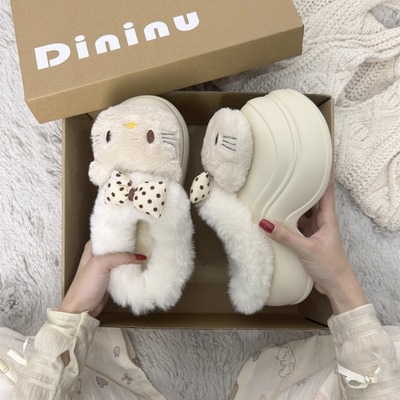 可爱卡通凯蒂猫包头棉拖鞋女2025秋冬新款厚底增高加绒保暖毛毛鞋