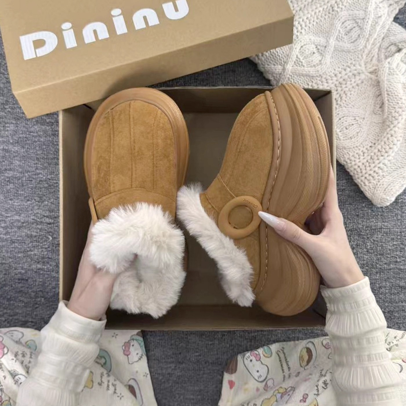 复古厚底增高棉拖鞋女2025年冬季新款外穿加绒加厚保暖毛毛雪地靴