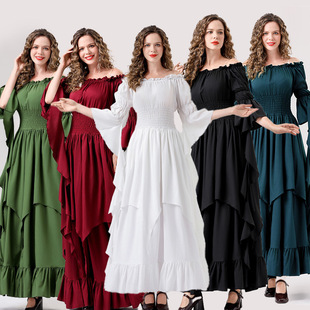 欧美中世纪复古哥特式cosplay礼服复古华丽蕾丝喇叭袖连衣裙洋装