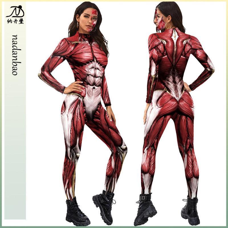 万圣节新款男女紧身COSPLAY红色肌肉3D印花紧身衣舞台长袖连体服