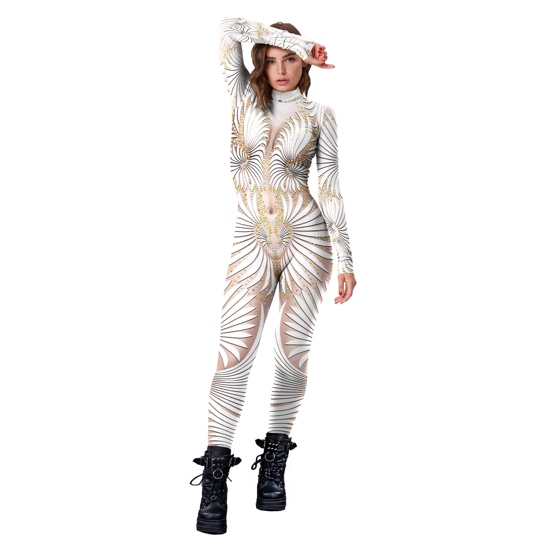 新品欧美女装数码印花时尚舞台紧身衣女式长袖连体服修身高领套装