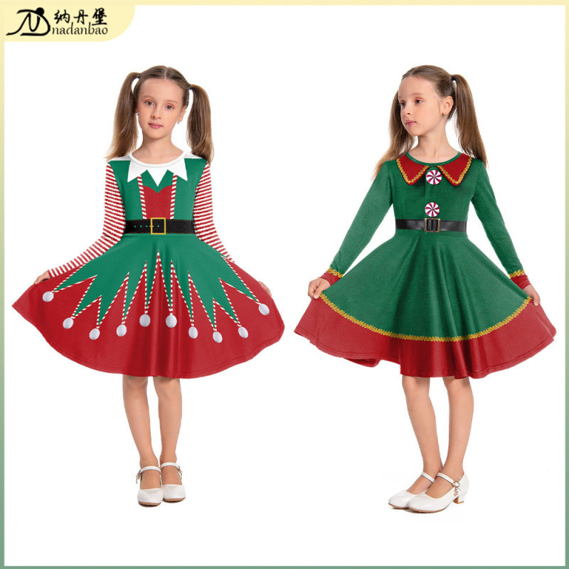 儿童圣诞新款秋冬装数码印花欧美女童娃娃领公主裙长袖时尚连衣裙