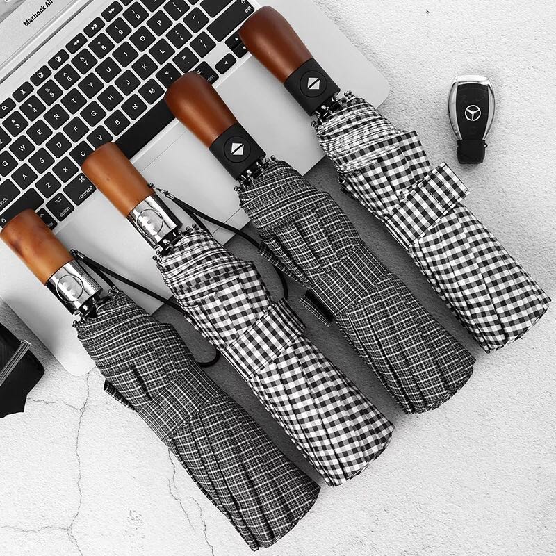 新款十骨防风雨伞三折全自动晴雨伞折叠伞男商务实木条纹一键开收