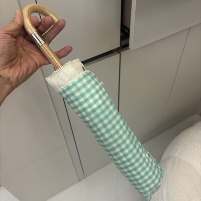 日系高颜值新款小清新格子棉蕾丝弯钩木手柄防紫外线遮阳可爱洋伞
