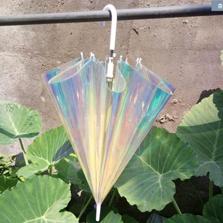 抖音网红伞 直杆长柄poe塑料透明伞炫彩镭射彩虹伞小清新两用雨伞