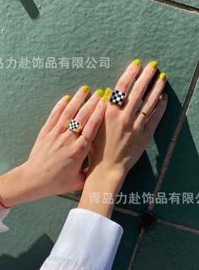 天然贝壳拼接黑白棋盘格戒指正方戒指指环男戒女戒情侣戒指