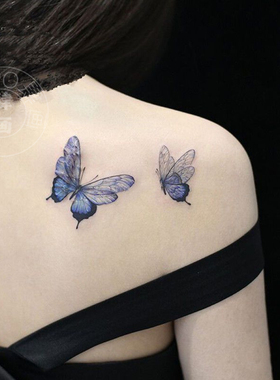 迷离蓝色蝴蝶肩膀背部纹身贴 高级唯美纯欲浪漫防水持久仿真可洗