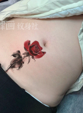 辣妹红色玫瑰花纹身贴肚脐防水