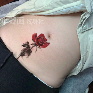 辣妹红色玫瑰花纹身贴 肚脐遮盖疤痕妊娠纹防水持久贴纸性感网红
