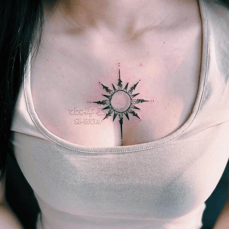 4张 太阳图腾草本果汁纹身贴防水持久逼真高级男女胸前手臂个性潮