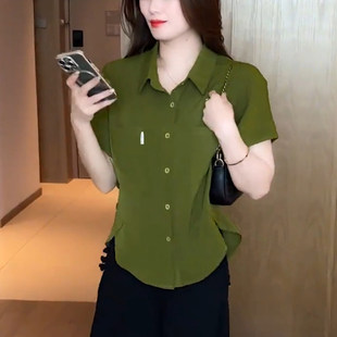 法式高级感酒红色上衣2026夏季新款短袖衬衫女宽松休闲不易皱衬衫