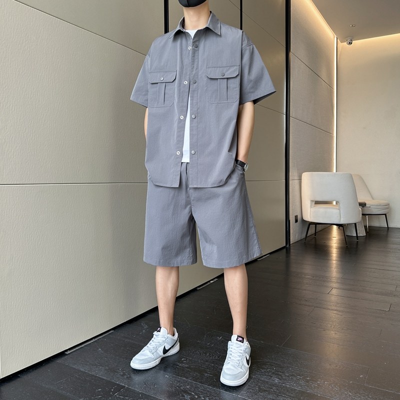 冰丝套装男夏季痞帅气潮流短袖衬衫短裤休闲潮牌高级感穿搭配一套