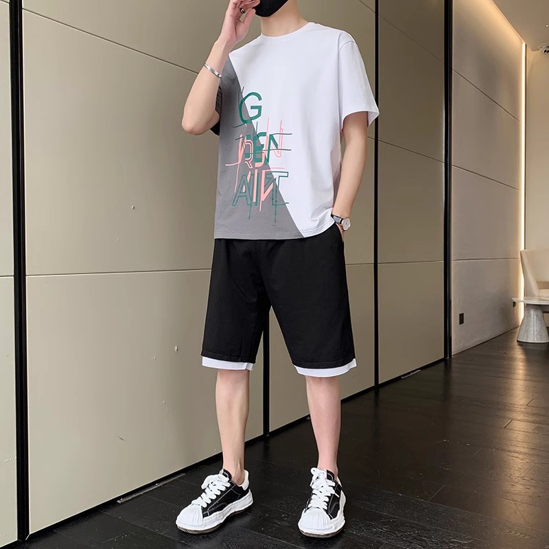夏季短袖t恤男韩版潮流宽松帅气休闲5五分中袖短裤时尚穿搭配套装