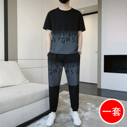 【两件套】夏季短袖九分裤套装男