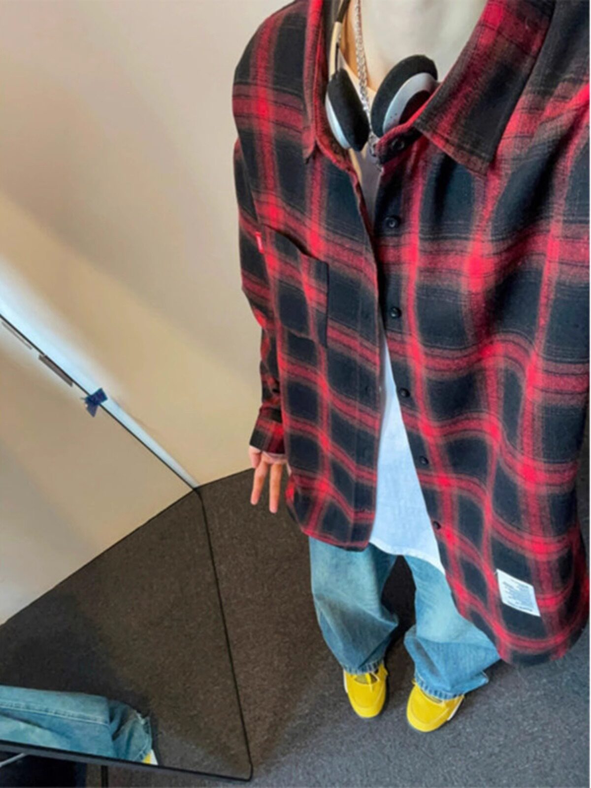 酒红色苏格兰格子衬衫男高级感长袖格纹衬衣美式复古情侣防晒外套
