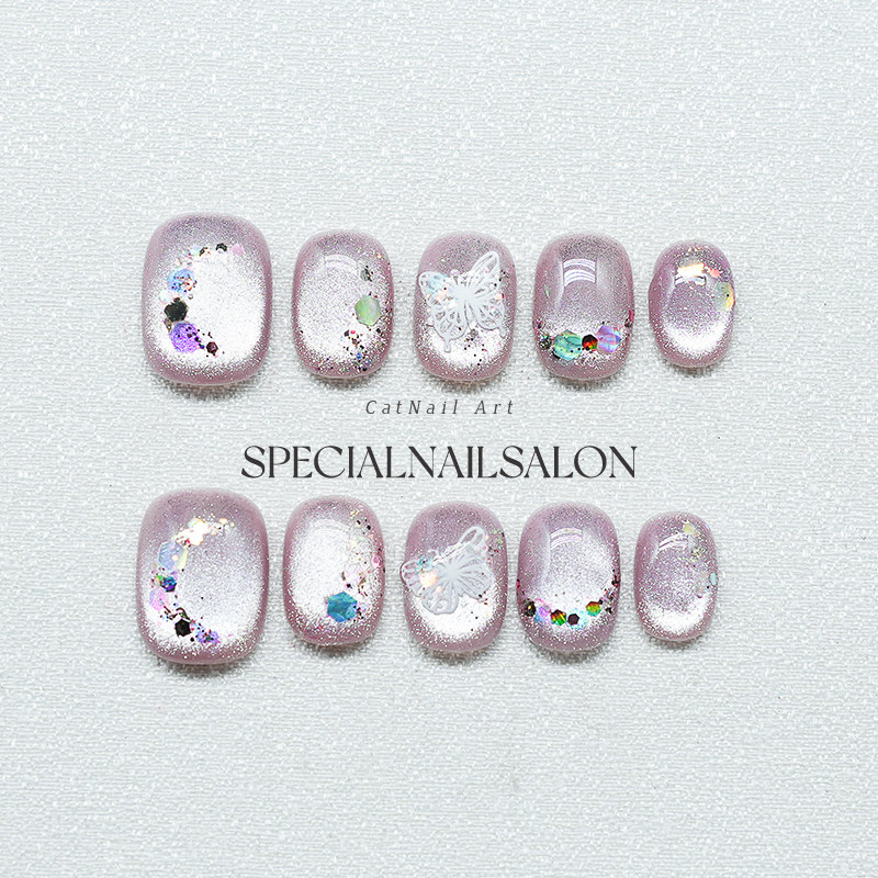 【星野蝴蝶】纯手工穿戴甲高质量短款碎钻蝴蝶裸色猫眼显白美甲片