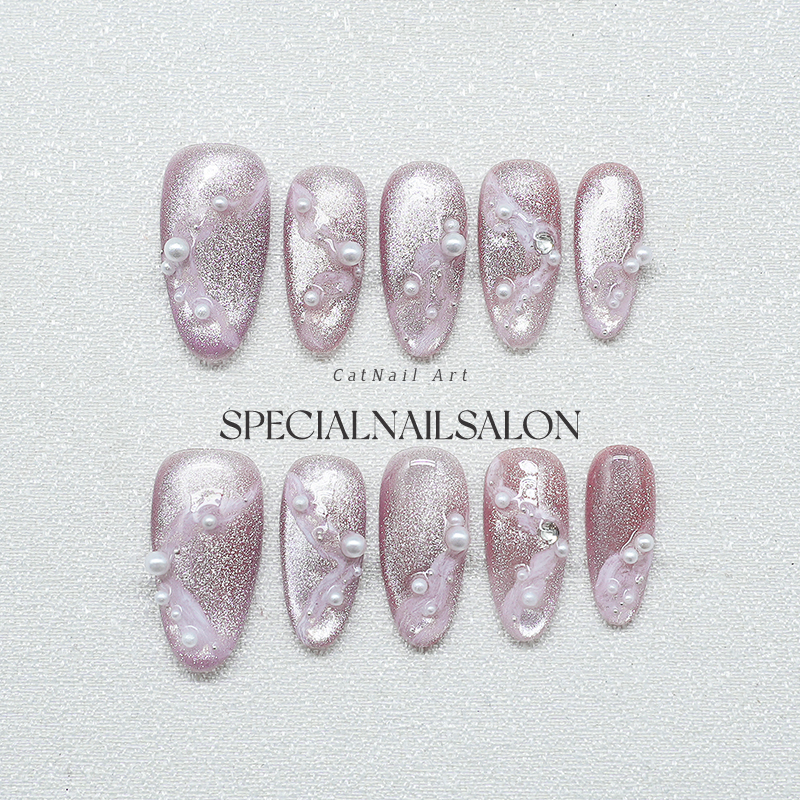 【珠零玉落】纯手工穿戴甲珍珠飘带轻奢简约春夏冰透显白美甲贴片