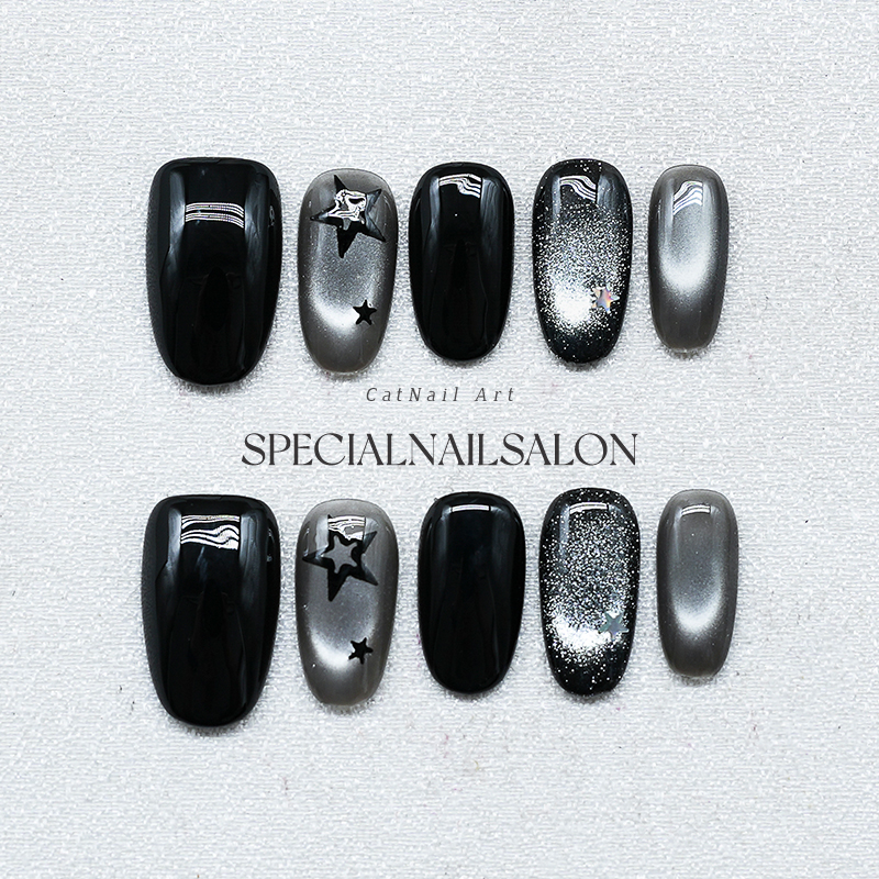 【夜幕繁星】纯手工穿戴美甲墨曜黑爆闪猫眼高级感五角星指甲贴片