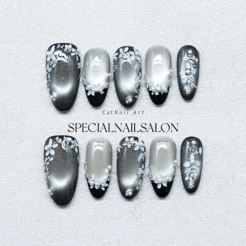 【雪夜花影】纯手工穿戴甲花簇温柔显白美甲2025新款高级感指甲片