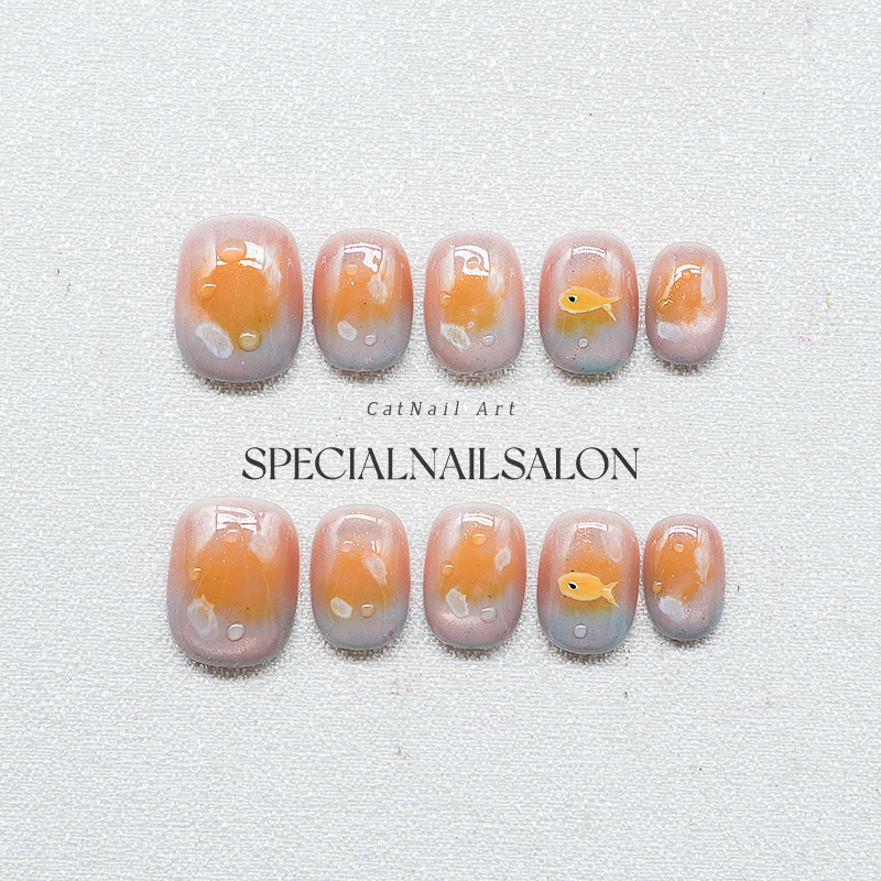 【泡泡鱼】纯手工穿戴甲夏日晕染可爱彩绘小鱼短款童趣可拆卸美甲