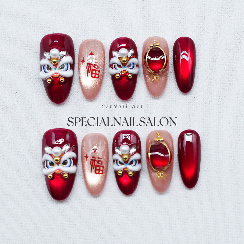 【宫灯醒狮】纯手工穿戴甲2026新年款立体浮雕国风醒狮高级感美甲,彩妆/香水/美妆工具,穿戴甲/甲片,淘宝优惠券,粉丝福利购,淘宝优惠卷