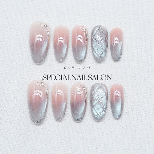 【泪落成蓝】纯手工穿戴甲渐变粉灰猫眼棱格钻饰个性春夏美甲甲片