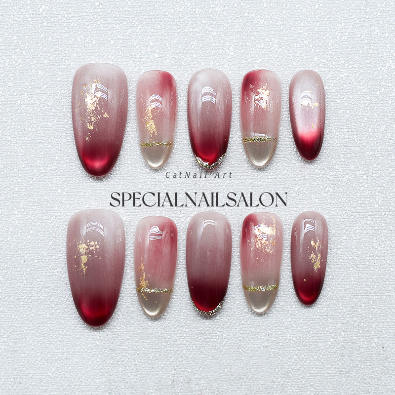 【星落红纱】纯手工穿戴甲晕染渐变金箔秋冬气质氛围感显白美甲片