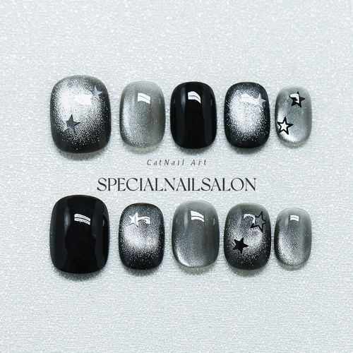 【星语夜曲】纯手工穿戴甲暗黑风黑曜石爆闪星星猫眼显白美甲贴片