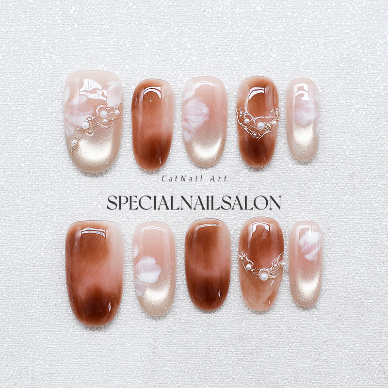 【雾羽花漾】纯手工穿戴式美甲焦糖色晕染甜美花卉高级感指甲贴片