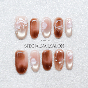 【雾羽花漾】纯手工穿戴式美甲焦糖色晕染甜美花卉高级感指甲贴片