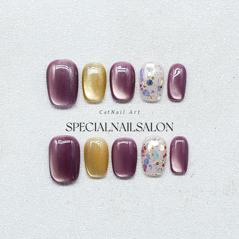 【紫醉金迷】纯手工穿戴美甲2025新款高级感短款细闪猫眼指甲贴片,彩妆/香水/美妆工具,穿戴甲/甲片,淘宝优惠券,粉丝福利购,淘宝优惠卷