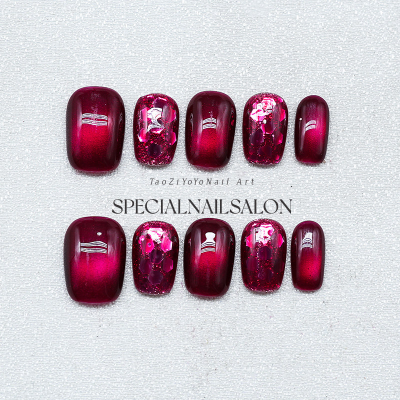 【玫夜繁光】纯手工穿戴甲火龙果红亮片猫眼2025新款婚甲美甲贴片,彩妆/香水/美妆工具,穿戴甲/甲片,淘宝优惠券,粉丝福利购,淘宝优惠卷