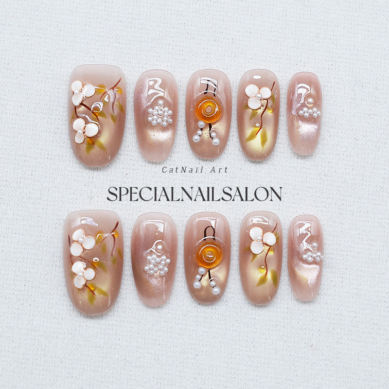 【蜜杏花影】纯手工穿戴甲2026新款玉盘珍珠花卉高级感显白美甲片,彩妆/香水/美妆工具,穿戴甲/甲片,淘宝优惠券,粉丝福利购,淘宝优惠卷