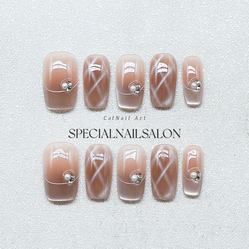 【奶茶雾影】纯手工穿戴甲夏日绝美菱格清冷氛围感高质量美甲贴片