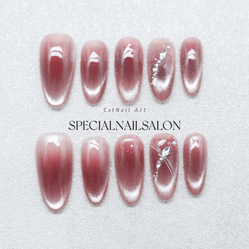 【胭红奢影】纯手工穿戴甲秋冬高级感裸色中长款猫眼美甲指甲贴片