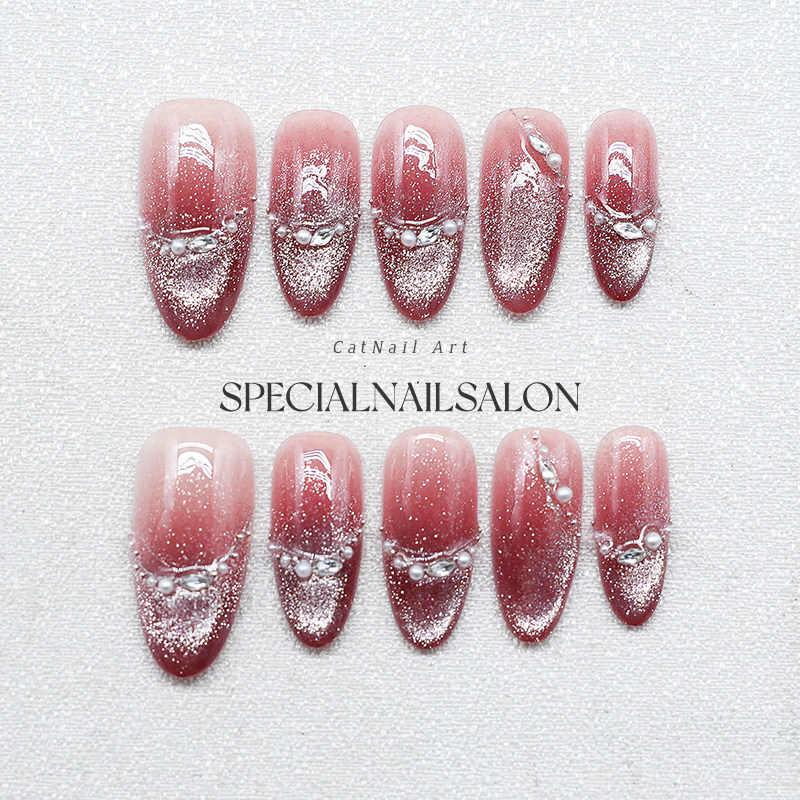 【满目星河】纯手工穿戴甲爆闪猫眼珍珠钻饰中长款高级感美甲贴片