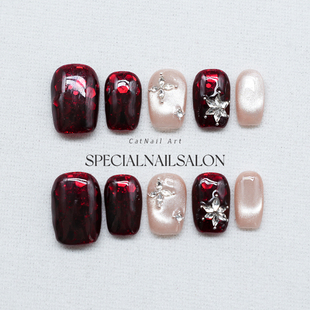 【绯夜星事】纯手工穿戴甲绯红色猫眼晶体冰花高级感轻奢美甲贴片