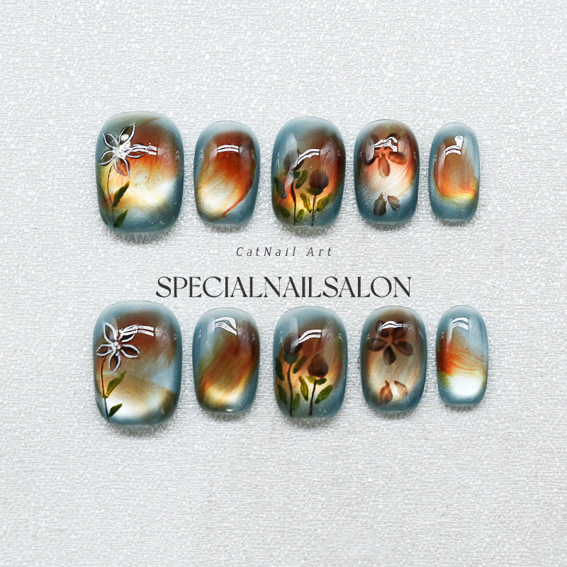 【雾岚花痕】纯手工穿戴式美甲焦糖晕染花卉高级感秋冬新款指甲片,彩妆/香水/美妆工具,穿戴甲/甲片,淘宝优惠券,粉丝福利购,淘宝优惠卷