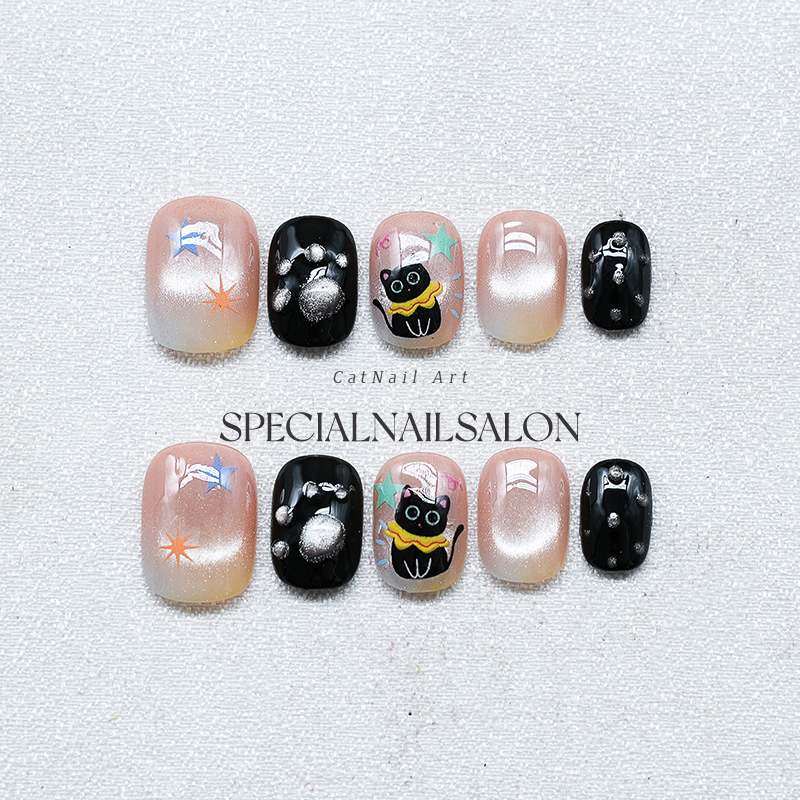 【星夜喵影】纯手工穿戴甲可爱小猫咪手绘日常童趣短款显白美甲片