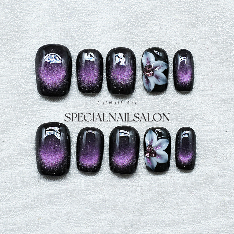 【魅紫幽花】手工穿戴甲暗黑辣妹晕染紫色猫眼雕花显白高级感美甲,彩妆/香水/美妆工具,穿戴甲/甲片,淘宝优惠券,粉丝福利购,淘宝优惠卷