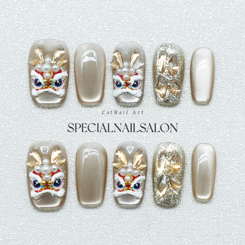 【东方龙狮】纯手工穿戴甲3D立体浮雕高级感轻奢新年款醒狮美甲片