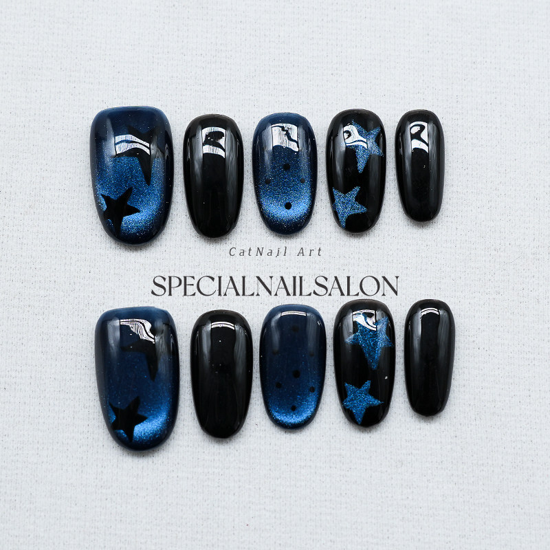 【深蓝星曜】纯手工穿戴甲秋冬新款神秘黑猫眼星空高级感美甲贴片,彩妆/香水/美妆工具,穿戴甲/甲片,淘宝优惠券,粉丝福利购,淘宝优惠卷