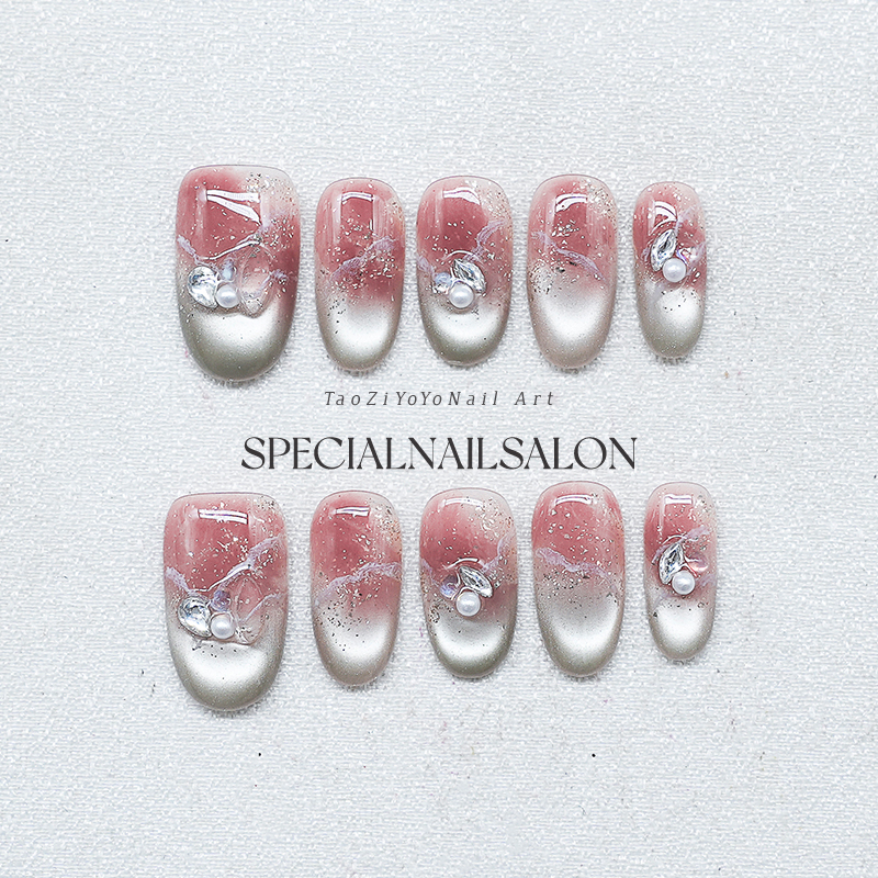 【心语浅梦】纯手工穿戴甲晕染美甲珍珠钻饰纯欲风高级感指甲贴片