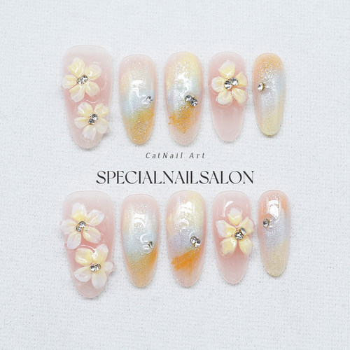 【暖阳百合】纯手工穿戴美甲立体小黄花晕染渐变细闪猫眼指甲贴片