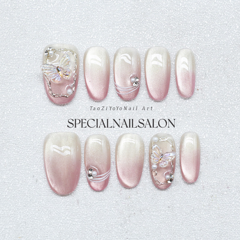 【蝶恋粉纱】纯手工穿戴甲温柔立体蝴蝶渐变粉白色高级感美甲贴片,彩妆/香水/美妆工具,穿戴甲/甲片,淘宝优惠券,粉丝福利购,淘宝优惠卷